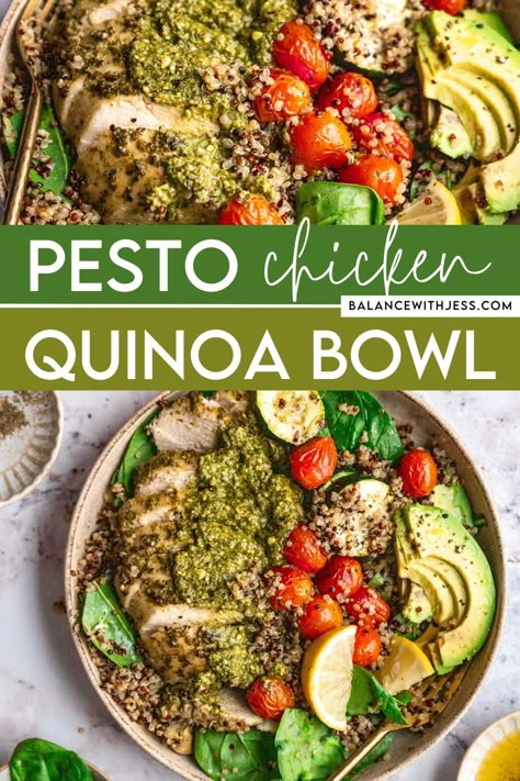 Looking for high protein meals that are also dairy free and gluten free? Try this pesto chicken quinoa bowl! Top your quinoa with baked chicken breast seasoned with pesto and roasted veggies, and enjoy for lunch or dinner. Pesto Chicken Quinoa Bowl, Chicken Quinoa Bowl, Quinoa Bowls Healthy, Healthy Pesto, High Protein Meals, Chicken Quinoa, Chicken Breast Seasoning, Quinoa Bowl, Protein Meals