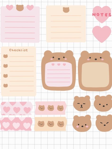 Adorable Pink Heart Kawaii Bear Themed Stickers! Goes adorably with Goodnotes, Notability, and more. #bujo #bulletjournal #digitalplanner #digitalplanning #pink #stickers #kawaii Kawaii Bear Stickers Printable, Cute Bear Stickers Printable Kawaii, Sticker Diy Ideas, Cute Stickers Printable Kawaii Planners, Kawaii Journal Template, Cute Stickers Printable For Journal, Cute Sticky Notes Printable, Sticker Journaling Ideas, Kawaii Stickers Printable Scrapbooking