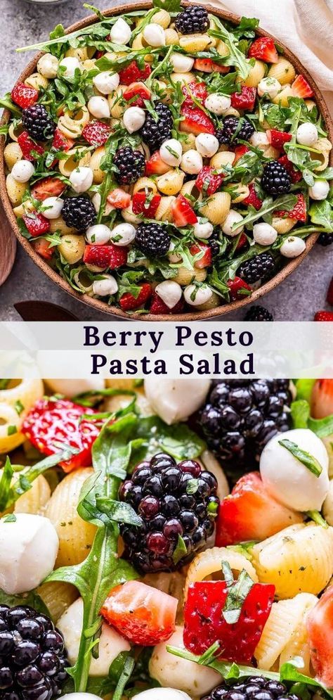 berry pesto pasta salad Pinterest collage. Berry Pesto Pasta Salad, Pesto Salad Recipes, Runner Recipes, Savory Potato Salad, Recipe Runner, Mini Mozzarella Balls, Salad Recipe Ideas, Pinterest Collage, Dressing Simple