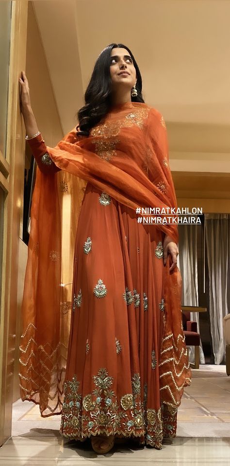 Rust Color Punjabi Suits Women, Rust Color Suits Women, Rust Indian Outfit, Punjabi Anarkali Suits, Partywear Punjabi Suits, Rust Colour Suit Punjabi, Anarkali Embroidery Designs, Rust Color Dress Outfit, Frok Suit Designs