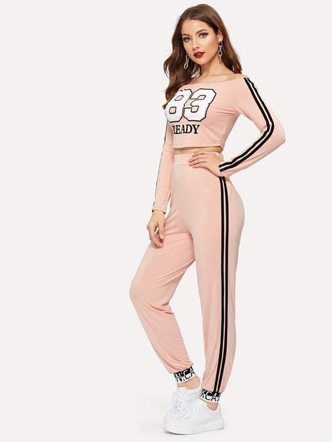 Top And Sweatpants, Sporty Suit, Sweatpants Set, Striped Fabrics, Shein Style, Fashion Mode, Off Shoulder Tops, Clothing Co, Looks Vintage