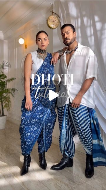 Dhoti Drape Saree, Indigo Saree Styling, Traditional Outfit Men, Different Saree Draping Styles Indian, Dhoti Style Saree, How To Wear Dhoti, Aditya Gadhvi, Different Saree Draping Styles, Indigo Saree