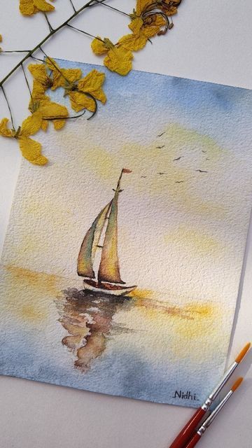 Nidhi Shukla on Instagram: "Love this boat painting ☘️🌟🌿 Ending the weekend on an easy seascape ✌️😊🌿 #painting #watercolorpainting #boatpainting #seapainting #seascape #oceanpainting #oceanart #watercolordaily #watercolordrawing #watercolorartist" Watercolor Boats Paintings, Water Colour Painting Watercolour, Watercolor Seascapes, Watercolor Painting Easy, Watercolor Boat, Boat Drawing, Boat Painting, Sea Painting, Ocean Sunset