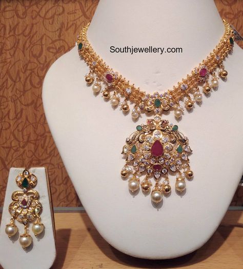 Light Weight CZ Necklace Set Mango Mala Jewellery, Mini Haram, Mango Haram, Mango Mala, Latest Jewellery Designs, Mango Necklace, Latest Indian Jewellery, 22 Carat Gold Jewellery, Expensive Decor