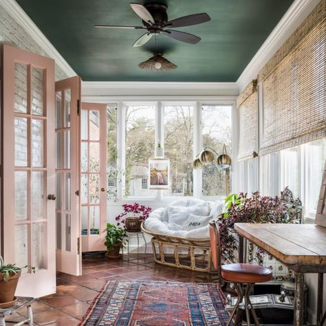 Billiard Green SW 0016 - Historic Color Paint Color - Sherwin-Williams Sunroom Paint Colors Ideas, Sunroom Paint Colors, White Trim Paint, Green Sunroom, Bathroom Ceiling Paint, Sunroom Colors, White Sunroom, Sunroom Remodel, Ceiling Paint Colors