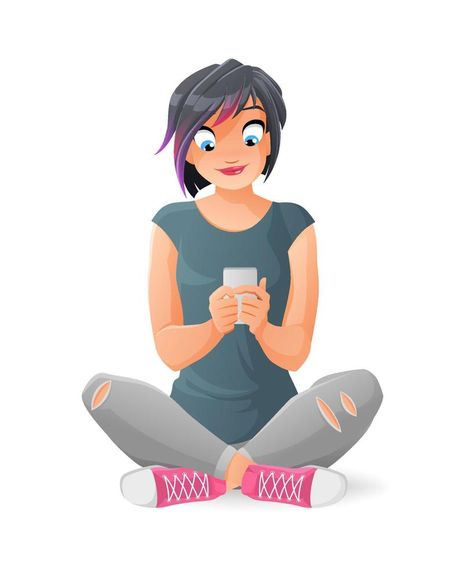 Cute smiling teen girl communicating or texting with her smartphone. Cartoon vector illustration isolated on white background. Drawing Of A Girl, Using Phone, Gadgets Technology Awesome, Background Background, Girl Cartoon, Vector Graphics, A Girl, Cute Cartoon, White Background