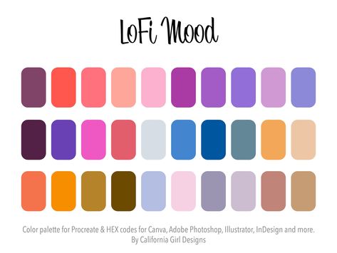 Chill out with this cozy LoFi aesthetic color swatch for Procreate. Inspired by the cozy sounds of LoFi beats, I handpicked 30 warm neutrals to help inspire you to create digital art, or use as an inspiration for interior design, branding, crafts, and more! The possibilities are endless!  Please note: The swatches here are for Procreate ONLY. I have included HEX codes to use to create your own palette in other programs, such as Adobe and Canva. Those must be entered manually. This palette does n Lofi Aesthetic Color Palette, Chill Color Palette, Lofi Color Palette, Cozy Lofi Aesthetic, Procreate Swatches, Procreate Palettes, Color Palette For Procreate, Interior Design Branding, Lofi Beats