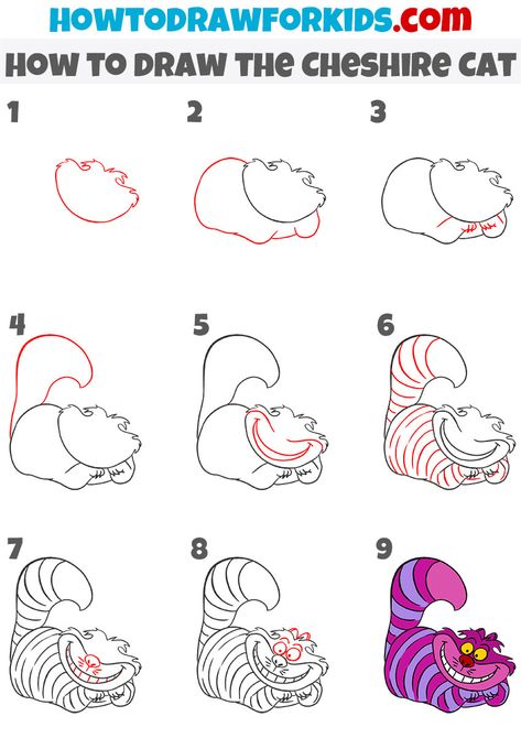 Easy Cheshire Cat Drawing, Pumpkin Painting Ideas Cheshire Cat, How To Draw The Cheshire Cat, How To Draw Cheshire Cat Step By Step, Chesire Cat Drawing Art, How To Draw Cheshire Cat, How To Draw Zero The Dog, Step By Step Drawing Disney, Easy Disney Drawings Step By Step