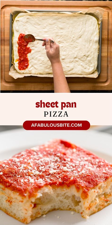 This sheet pan pizza recipe is foolproof and yields a fluffy yet crispy Sicilian-style crust that you won't believe came out of your own oven. Top with as many toppings as you like or keep it simple with just tomato sauce (my fave!). No pizza oven, no problem! Sourdough Sheet Pan Pizza, Sicilian Pizza Recipe, Pan Pizza Recipe, Sicilian Style Pizza, Sheet Pan Pizza, Oven Top, Sicilian Style, Sicilian Pizza, Tomato Sauce Recipe