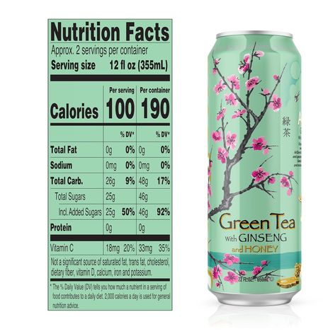 AriZona Green Tea with Ginseng & Honey, 22oz Cans (Pack of 24) - Refreshment for Every Moment! Arizona Green Tea, Ice Tea, Trans Fat, Dietary Fiber, Refreshing Drinks, Saturated Fat, Iced Tea, Serving Size, Nutrition Facts