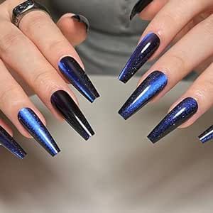 Acrylic Glue, Nail Acrylic, Long Press On Nails, Cat Eye Gel Polish, Nagel Tips, Coffin Press On Nails, Blue Nail Designs, Cat Eye Gel, Black Nail Designs