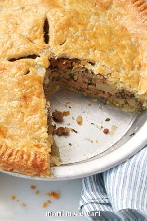 A savory filling made with bacon, ground pork, potatoes, and some spices and aromatics makes for a very satisfying meal, tucked between layers of buttery pie crust. #marthastewartliving #holidaydessert #easydessertrecipe #easyrecipes Pork Pie Recipe, Popular Pies, Ground Pork Recipes, Pork Pie, Sweet Pie, Savory Pie, Bacon Recipes, Pork Dishes, Chicken Pot Pie