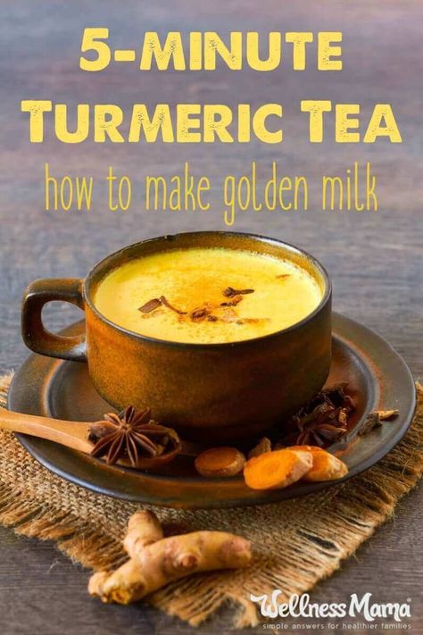 Turmeric Tea Benefits & 5-Minute Golden Milk Recipe | Wellness Mama Turmeric Tea Benefits, Turmeric Golden Milk, Golden Milk Recipe, Turmeric Tea Recipe, Turmeric Drink, Turmeric Milk, Turmeric Recipes, Wellness Mama, Turmeric Health Benefits