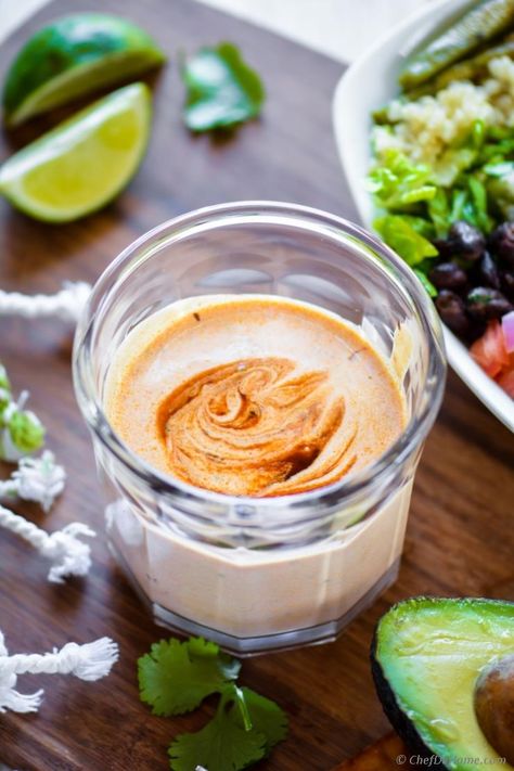 Sharing today, a 5-minutes magic sauce which is way more than just burrito sauce! With flavorful chipotle en adobo, earthy cumin and oregano, and healthy touch of non-fat yogurt... this sauce is my... Sauce For Burritos, Burrito Sauce Recipe, Burrito Sauce, Homemade Sweet Potato Fries, Magic Sauce, Chipotle Burrito, Spicy Salad, Homemade Sandwich, Breakfast Burrito