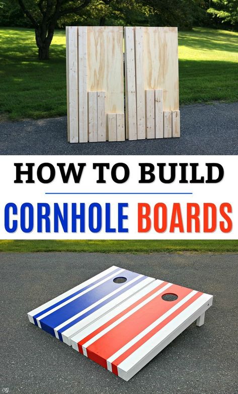 How To Build Cornhole Boards! Learn how to build cornhole game boards for your backyard fun. Build official regulation size cornhole boards at home. Dimensions, cuts, and everything right down to the finishing of the cornhole boards! Yard Jenga Diy How To Make, Cornhole Paint Ideas Design, Cornhole Diy, Cornhole Board Plans, Stained Cornhole Boards, Make Cornhole Boards, Diy Cornhole, Diy Cornhole Boards, Diy Yard Games