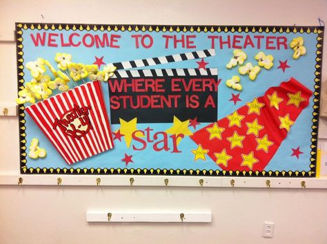 Movie+Theme+Bulletin+Boards | Theater theme board Movie Bulletin Boards, Movie Theater Theme, Hollywood Classroom, Hollywood Theme Classroom, Deco Cinema, Theatre Classroom, Stars Classroom, School Board Decoration, Back To School Bulletin Boards