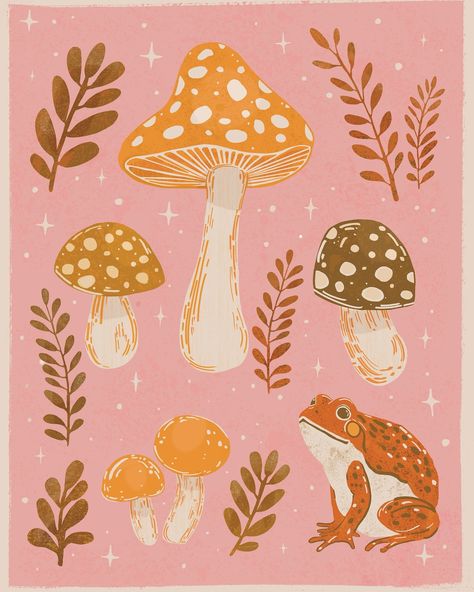 I’ve been preparing for a craft show this week but I will have some new and exciting prints and paintings to share next weekend! Fall Mushroom Painting, Mushroom Print Pattern, Psychadelic Art Patterns, Bts Stationary, Fall Illustration Art, Folk Aesthetic, Woodland Illustration, Mushroom Illustration, Magical Paintings