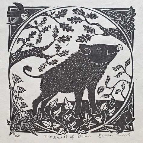 Becca Thorne Illustration Print The Beast of Dean Original Linocut Print (FRAMED AVAILABLE IN STORE ONLY) Ash Leaf, North Design, Forest Of Dean, Lokta Paper, Lino Cut, Art Et Illustration, Sustainable Gifts, Plant Print, Planting Bulbs