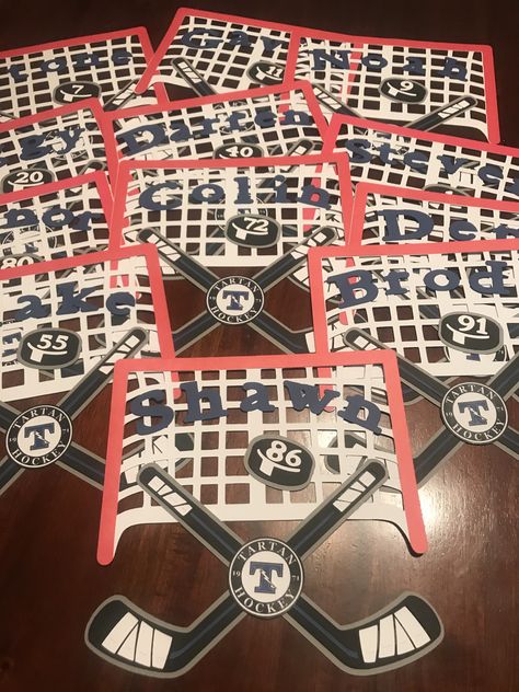 Hockey Jamboree Ideas, Hockey Hotel Door Decorations, Hockey Tournament Ideas, Hockey Tournament Ideas Goodie Bags, Hockey Door Hangers, Hockey Hotel Door Signs Diy, Hockey Signs For Hotel Doors, Hockey Tournament Door Signs, Hockey Tournament Door Flags