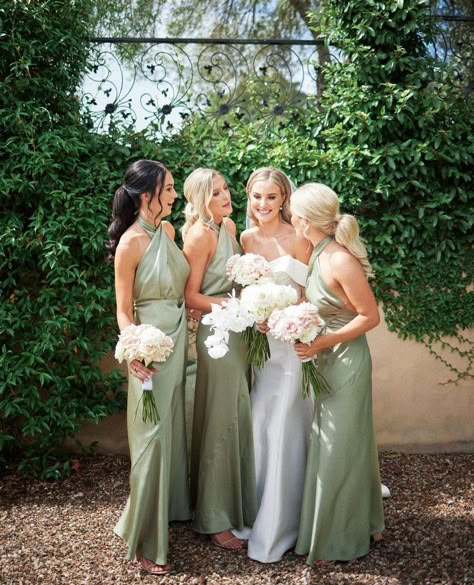 Details: Silhouette: Sheath Style Fabric: Satin Fabric Color: Sage Green Color Length: Floor-Length Neckline: Halter Neckline Sleeves: Sleeveless Back: Zipper Back How to Clean: Do Not Wash, Do Not Dry Clean, Professional Spot Clean Only. Sage Green Bridesmaid Dresses Gray Suits, Elegant Green Bridesmaid Dresses, Green Sage Bridesmaid Dresses, Bridesmaid Colors Spring, Bridesmaid Sage Green Dresses, Soft Green Bridesmaid Dresses, Sage Green Bridesmaid Dresses Silk, Satin Sage Green Bridesmaid Dresses, May Bridesmaid Dresses