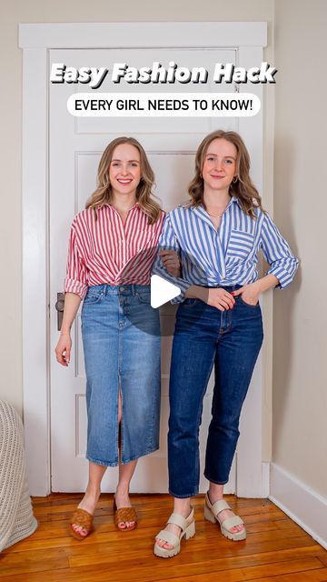 How To Style Collared Shirt Women, Tuck Shirt Into Skirt, How To Style A Striped Button Down Shirt, Tuck Button Down Shirt Women, How To Style A Collared Shirt, How To Tuck In A Button Up Shirt, How To Style Shirt In Different Ways, How To Button A Shirt Hack, How To Tie A Shirt Knot Button Up