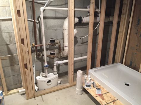 Saniflo bathroom with behind wall macerator. Bathroom In Basement, Basement Bathroom Plumbing, Basement Bathroom Design, Bathroom Repair, Add A Bathroom, Basement Inspiration, Diy Basement, Basement Apartment, Basement Makeover