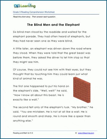 "The Blind Men and the Elephant" - kids story.  Fiction, 420 words.  Comprehension questions follow the story.  These historical stories or fables and worksheets provide reading practice for elementary school kids; free from K5 Learning.  No registration required. Log Math, Kindergarten Grammar, Early Science, Cursive Writing Worksheets, Comprehension Exercises, Kids Story, Reading Comprehension Questions, Grade Spelling, Teach English