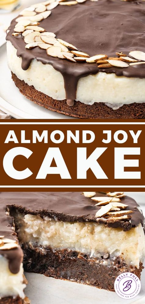 Almond Joy Cake Recipe - Belly Full Almond Joy Pie, Almond Joy Cupcakes, Almond Joy Cake, Brownie Desserts Recipes, Coconut Filling, Almond Pound Cakes, Classic Candy, Almond Joy, Chocolate Topping