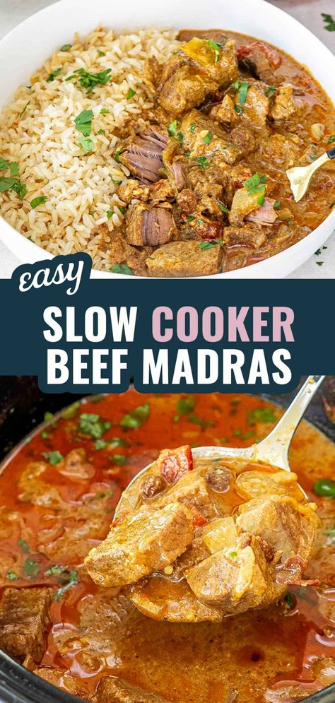 Slow Cooker Beef Madras! 🥘 Tender beef simmered in aromatic spices—your slow cooker does all the work. Get the recipe and enjoy a flavorful meal tonight! #SlowCookerRecipe #BeefMadras #IndianCuisine #EasyDinner #ComfortFood Beef Madras, Slow Cooker Beef Curry, Spicy Curry, Beef Dinners, Jo Cooks, 2024 Recipes, Beef Curry, Slow Cooker Dinner, Crockpot Dishes