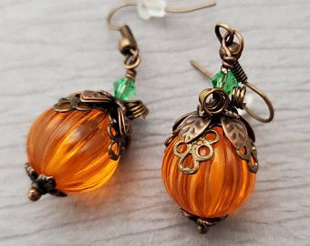 Diy Halloween Jewelry, Gold Cat Earrings, Thanksgiving Earrings, Copper Fall, Pumpkin Beads, Crystal Falls, Pumpkin Bead, Spider Earrings, Earrings Halloween