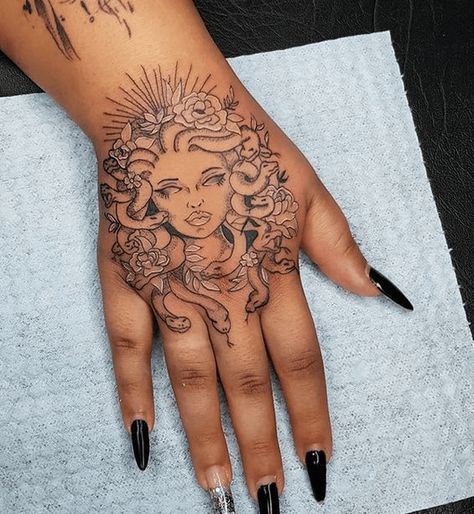 Medusa Ear Tattoo, Medusa With Locs Tattoo, Afro Medusa Tattoo, Medusa Tattoo On Black Women, Medusa Ankle Tattoo, Madussa Tattoo Design Meaning, Unique Womens Tattoos, Medusa Hand Tattoos For Women, Pretty Medusa Tattoo