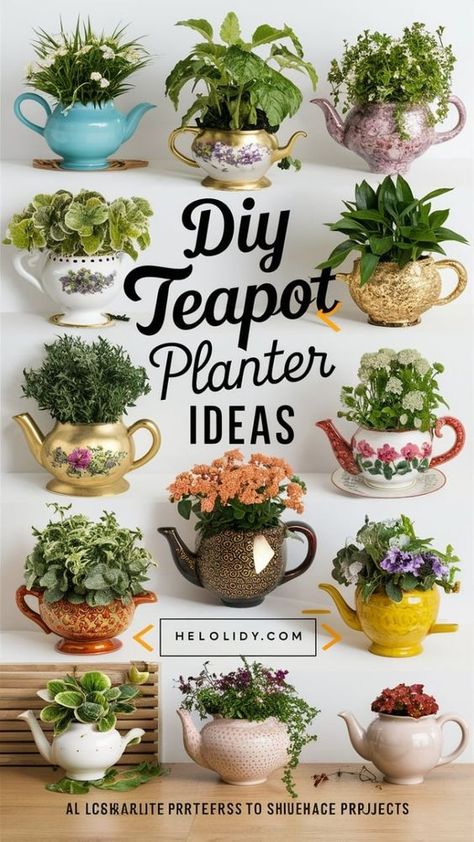 Transform old teapots into charming planters with these DIY ideas! Discover creative ways to upcycle teapots into unique and functional planters for your indoor or outdoor garden. Perfect for adding a whimsical touch to your decor while giving new life to vintage teapots. #DIYPlanters #TeapotPlanter #Upcycling #GardenDecor Teapot Planter, Unusual Planter, Vintage Teapots, Planter Ideas, Coffee Pots, Tea Pots Vintage, Diy Planters, She Shed, Coffee Pot