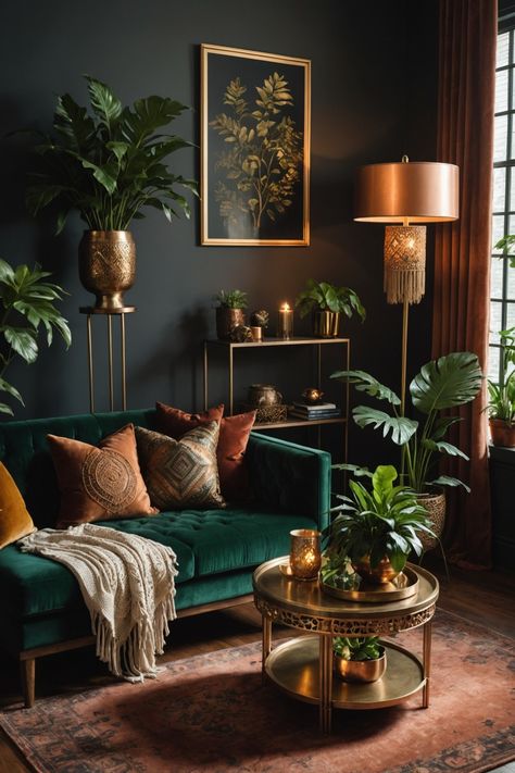 21 Moody Boho Living Room Ideas – The Dear Lab Dark Green Velvet Couch Living Rooms, Green Living Room Furniture Ideas, Moody Plant Room, Black Couch Boho Living Room, Green Black And Gold Living Rooms, Emerald Green Velvet Couch, Dark Green Walls Living Room, Dark Green Sofa Living Room Ideas, Deep Green Living Room