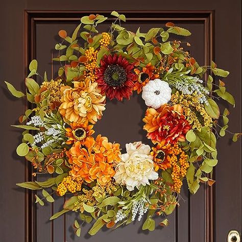 22 Inch Fall Wreaths for Front Door, Soomeir Artificial Autumn Wreath with Peonies Sunflowers Pumpkin Berries, Door Hydrangea Wreath for Outside Halloween Thanksgiving, Outdoor Decor Outside Halloween Decorations, Fall Hydrangea Wreath, Fall Hydrangea, Peonies Wreath, Door Wreaths Fall, Outdoor Wreaths, Artificial Wreath, Large Wreath, Hydrangea Wreath