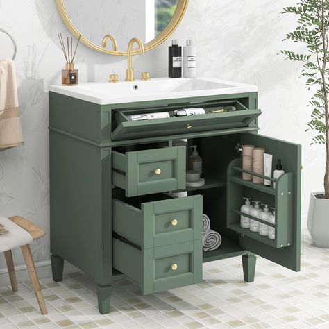 PRICES MAY VARY. [Stylish Green Vanity Set]: The adjustable hinges and slow closing design can reduce the noise during closing and bring a comfortable bathroom experience. The delicate alloy metal handles are both beautiful and durable in wet environments. The unique pattern of the bathroom cabinet has extraordinary visual enjoyment under the lamp. [Powerful Storage Space]: The bathroom cabinet is stylish and has a various storage structure. There are two spacious drawers on the left. The right Small Bathroom Vanity With Side Storage, Bathroom Vanity With Single Mirror, Bathroom Vanity With Storage Tower Dimensions, Bathroom Sink No Drawers, Bathroom Washbasin Cabinet Uk, Bathroom Vanity With Brushed Nickel Fixtures, Bathroom Vanity With Shutter Doors, Bathroom Toilet Furniture, Small Bathroom Beach Theme Vanity Single Bowl