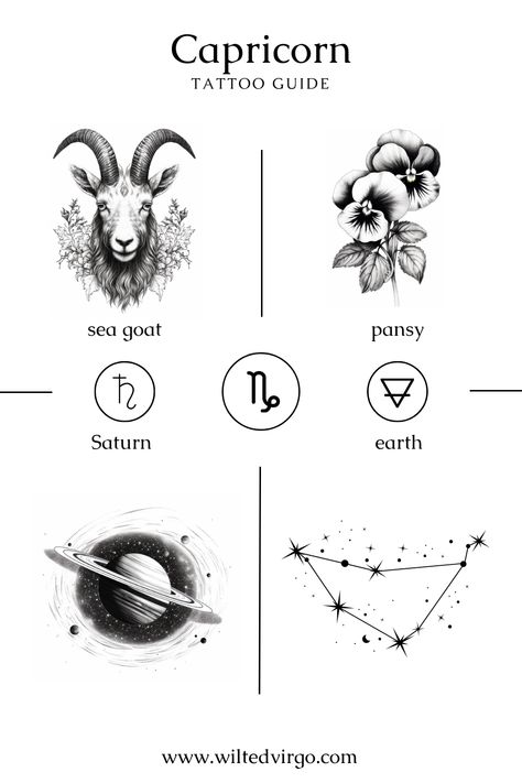 Are you collecting inspiration for a zodiac sign tattoo design? Whether you need a design for women or for men, big or small, in this guide, I show you detailed symbolism to inspire your unique Capricorn tattoo design. Click on the link to discover more. Capricorn Planet Tattoo, Capricorn Element Tattoo, Capricorn Tattoo Symbol, Capricorn Hand Tattoos For Women, Capricorn Inspired Tattoos, Capricorn Tattoo Designs For Women, Capricorn Tattoo Elements, Capricorn Tattoo For Women Zodiac, Astrology Tattoo Capricorn