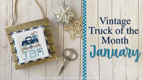 Month Cross Stitch Patterns, Cross Stitch Months Of The Year, January Cross Stitch, Vintage Truck Cross Stitch Patterns, Christmas Truck Cross Stitch, Month January, Holiday Cross Stitch Patterns, Auto Vintage, Holiday Cross Stitch