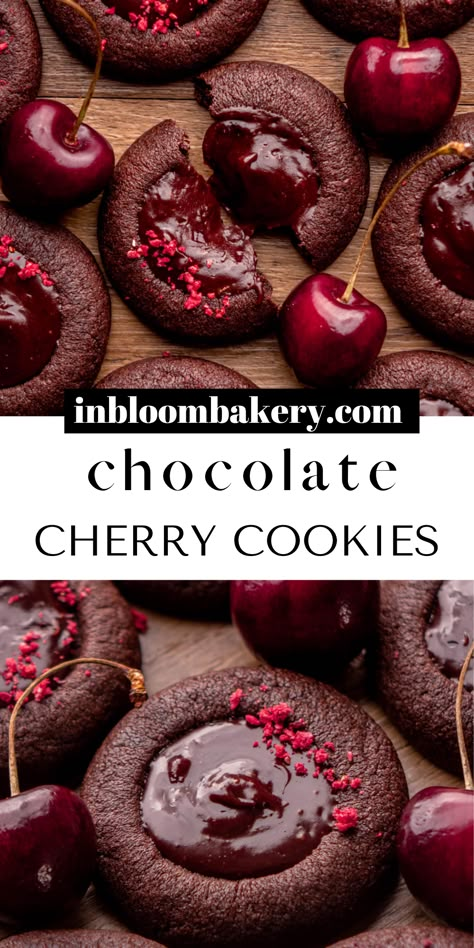 These are the best chocolate cherry cookies! They're fudgy chocolate thumbprint cookies, filled with chocolate cherry ganache. Cherry Ganache, In Bloom Bakery, Bloom Bakery, Chocolate Cherry Cookies, Chocolate Thumbprint Cookies, Cherry Cookies, Christmas Baking Recipes, Food Cookies, Thumbprint Cookies