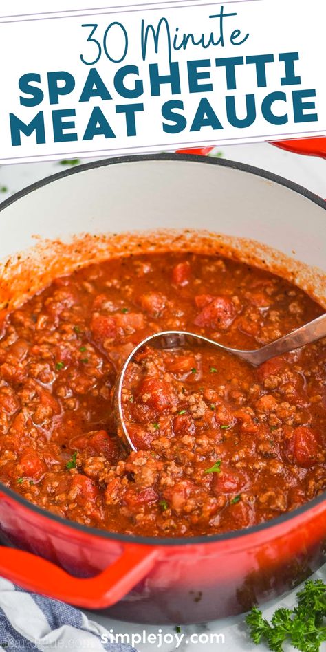 This Spaghetti Meat Sauce Recipe is an easy and quick recipe that can be the beginning of an easy weeknight dinner. Make this 30 minute meat sauce and watch your family fall in love! Meat Sauce Recipe Easy, Spagetti Sauce Recipe, Quick Spaghetti Sauce, Spaghetti Beef Recipe, Spaghetti Meat Sauce Recipe, Homemade Spaghetti Meat Sauce, Spaghetti Sauces, Homemade Spaghetti Sauce Easy, Meat Sauce Recipe