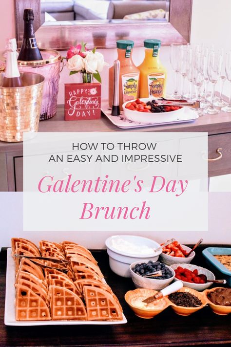 Galentines Party Ideas Breakfast, Valentines Day Mimosa Bar, Galentines Party Breakfast, Galentines Brunch Mimosa Bar, Galentine Brunch Food, Girls Breakfast Party, Galentines Party Ideas Girls Brunch, Galentine Brunch Ideas, Hosting A Galentines Party