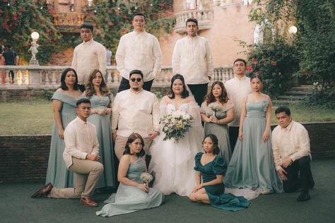 Sage green themed wedding for bridal entourage Sage Green Entourage, Green Barong, Filipino Barong, Barong Wedding, Realistic Wedding, Couple Bride And Groom, Filipino Wedding, Grooms Men, Bridesmaid Groomsmen