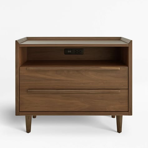 Tate 2-Drawer Midcentury Nightstand with Power Outlet + Reviews | Crate and Barrel Crate And Barrel Tate Nightstand, Crate And Barrel Tate Bedroom, Crate And Barrel Nightstand, Midcentury Nightstand, Charging Nightstand, Walnut Bookcase, Mid Century Modern Nightstand, Mid Century Nightstand, 1960s Inspired