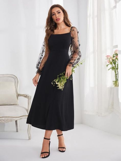 Embroidery Mesh Flounce Sleeve A-line Dress | SHEIN South Africa Farewell Dresses, Square Neckline Dress, Modest Formal Dresses, Black Dresses Classy, Formal Dresses With Sleeves, Black Dress Formal, Black Bridesmaid Dresses, Aline Dress, Maxi Slip Dress