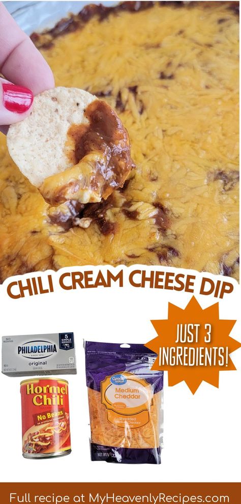 Chili Cream Cheese Dip Recipe- easy game day appetizer to make for football parties. Christmas, new years, any holiday its great. 3 ingredients only hormel chili cheddar cheese block of cream cheese. Bake cheese dip recipe. Hormel Chili Recipe, Hormel Chili Dip, 3 Ingredient Chili, Chili Bean Dip, Creamy Cheese Dip, Cheese Dip Recipes Easy, Chili Cream Cheese Dip, Cream Cheese Bean Dip, Chili Dip Recipes