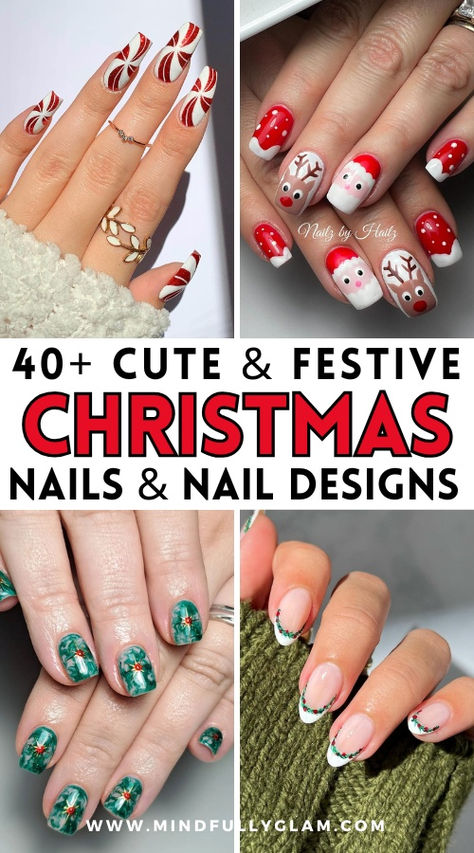 christmas nails Christmas Nails Hand Painted, Christmas Nails With Accent Nail, Christmas Accent Nail Designs, Super Cute Christmas Nails, Holly Nail Art Designs, Christmas Ornaments Nail Designs, Christmas Nail Designs Gel Art Ideas, Christmas Finger Nails Designs, Christmas Ornament Nail Designs