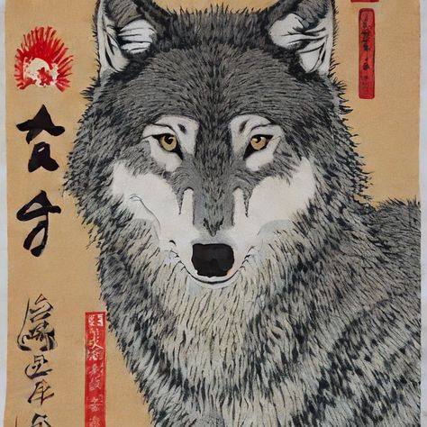 Wolf Japanese Art, Stable Difussion, Japanese Wolf, Wolf Painting, Nordic Tattoo, Wolf Drawing, Ukiyo E, Japanese Painting, Wolf Art