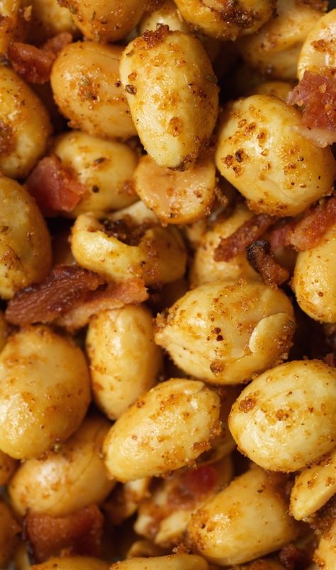 Close up of toasted peanuts and pieces of bacon that are covered in Old Bay seasoning. Old Bay Peanuts Recipe, Seasoned Peanuts Recipes, Thanksgiving Pumpkin Recipes, Spiced Nuts Recipe, Pub Snack, Easy Healthy Snack Ideas, Spicy Nuts, Boiled Peanuts, Snack Easy