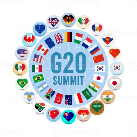 Illustration of the flags of the G-20 countries in the form of a logo with hearts. G20, top twenty economies of the world. Financial and economic international forum. G20 Logo, Global Summit, G 20, Global Economy, A Logo, South Africa, The Twenties, Template Design, Royalty Free