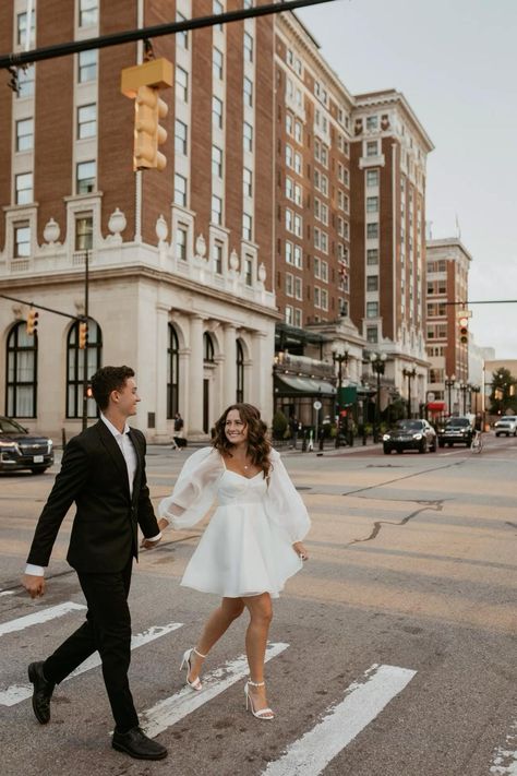 Selkie dress with organza, perfect for formal but fun engagement photos in downtown grand rapids. Shot by michigan photographer, Amelie Ferdais City Vibes Engagement Pictures, Old Glam Engagement Photos, Engagement Photos Italian, Downtown Bridal Shoot, Alexandria Engagement Photos, Engagement Pictures Hotel, Vintage Bridal Shower Dress, Nashville Wedding Photos, City Chic Engagement Shoot