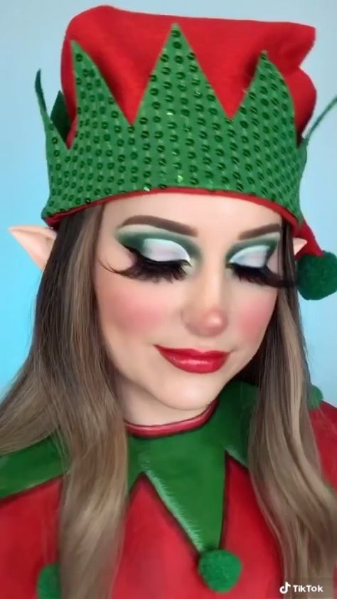 makeitjess on Instagram: Christmas Elf Tutorial🎄 - - Main Products Used: @mehronmakeup: Paradise Makeup AQ in amazon green, beach berry, white and black… Diy Elf Makeup, Elf Makeup Costume, Easy Elf Makeup, Elf Costume Makeup, Christmas Elf Makeup Looks, Elf Makeup Looks Christmas, Elf Face Paint, Elf Makeup Looks, Christmas Elf Makeup